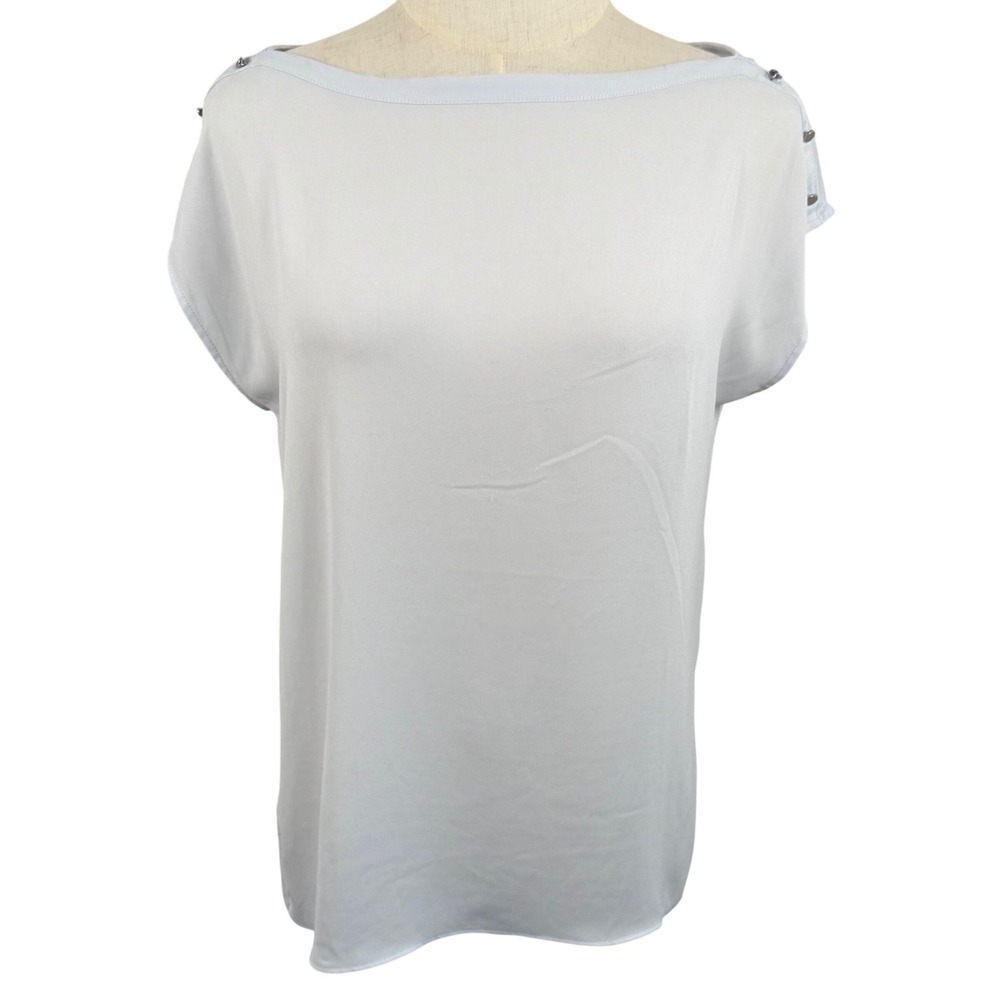 LOFT MP Mixed Media Blouse Top Stud Shoulder Cap Sleeve Workwear Lightweight GUC
